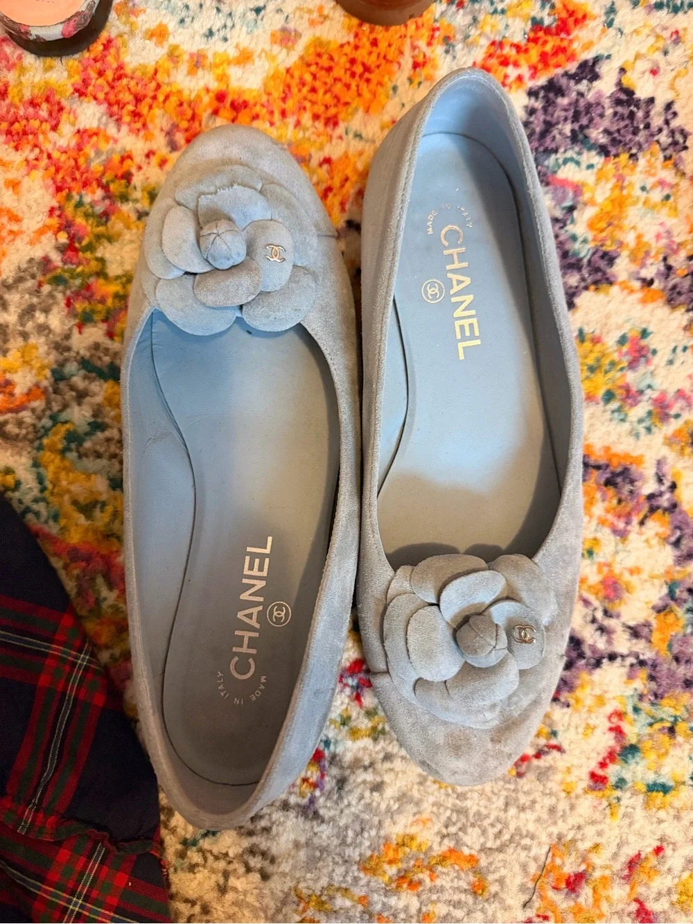CHANEL Blue Suede Camellia Flats